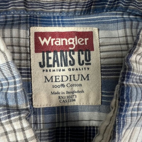 Wrangler Shirt Men's Long Sleeve Collared Plaid Button Up Blue Cream Tan Medium - Picture 2 of 11